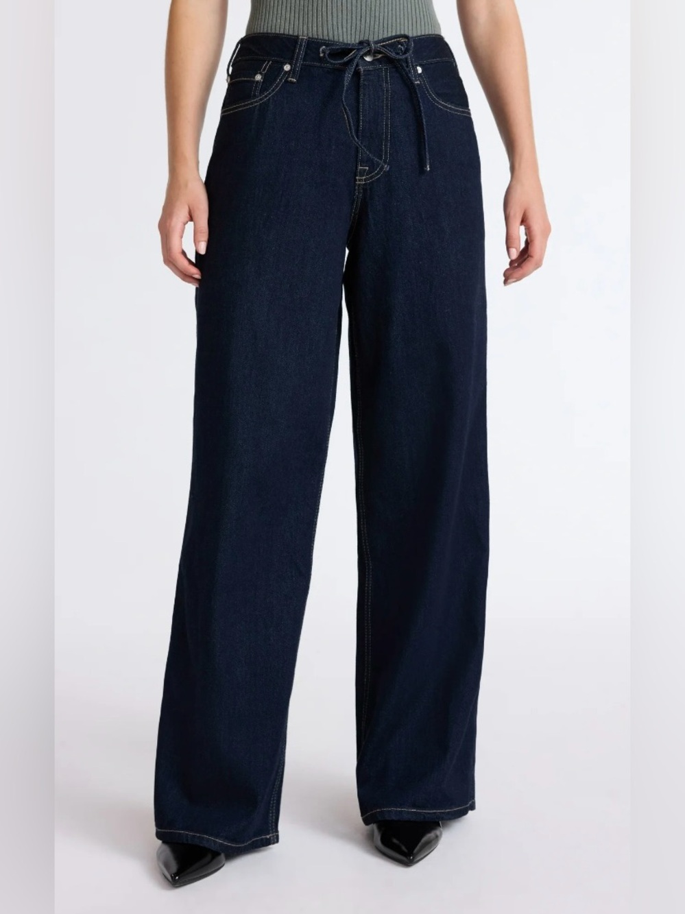 NWT Scoop Premium blend Dark Blue Denim relaxed low slung wide leg jeans